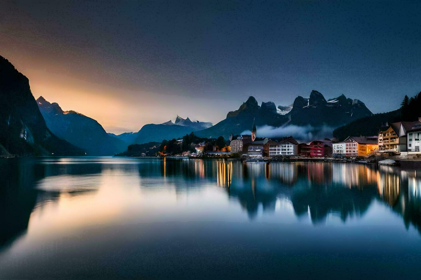 un hermosa puesta de sol terminado un lago y montañas. generado por ai foto