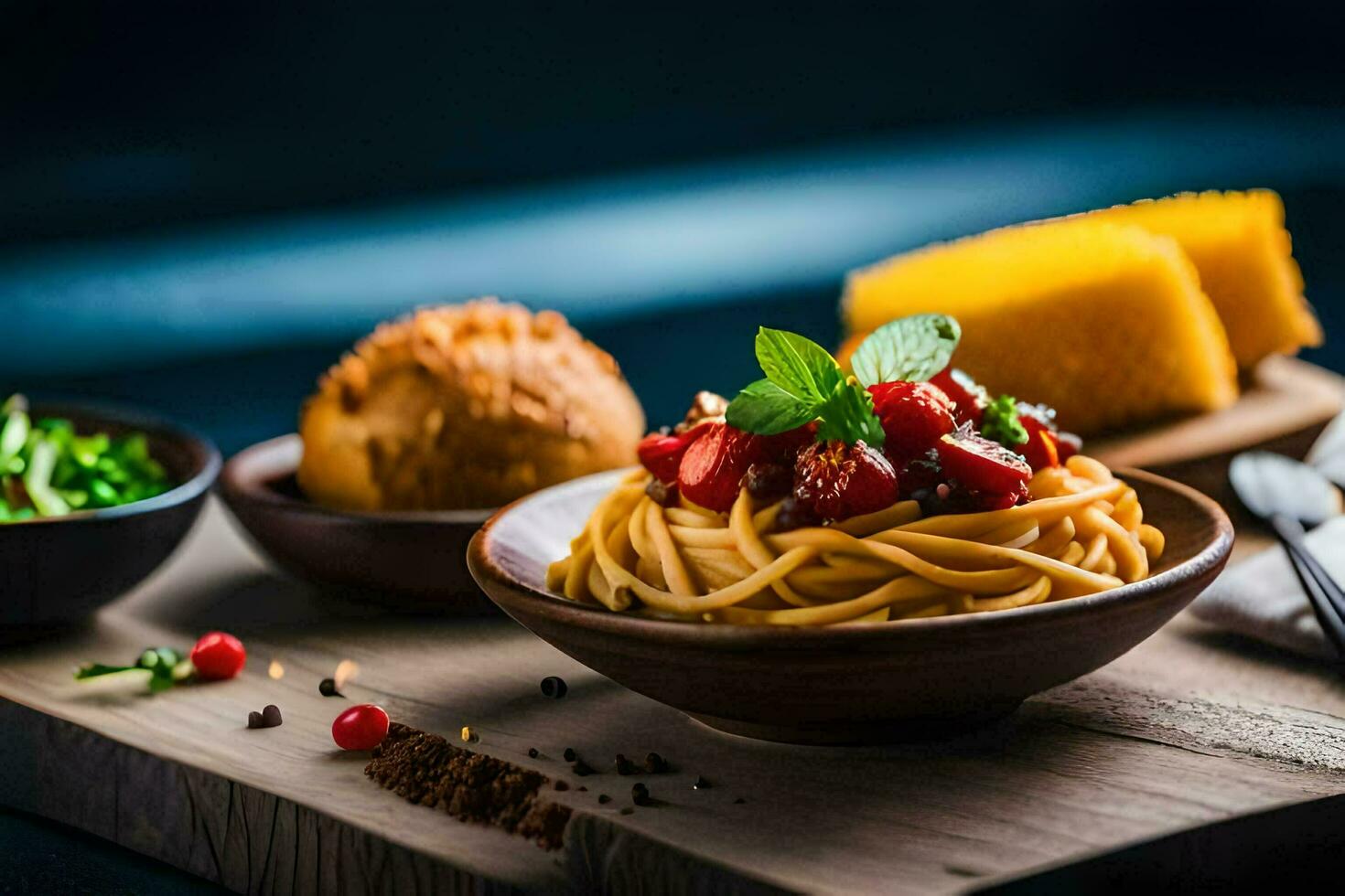 spaghetti with tomato sauce and bread on a wooden board. AI-Generated photo