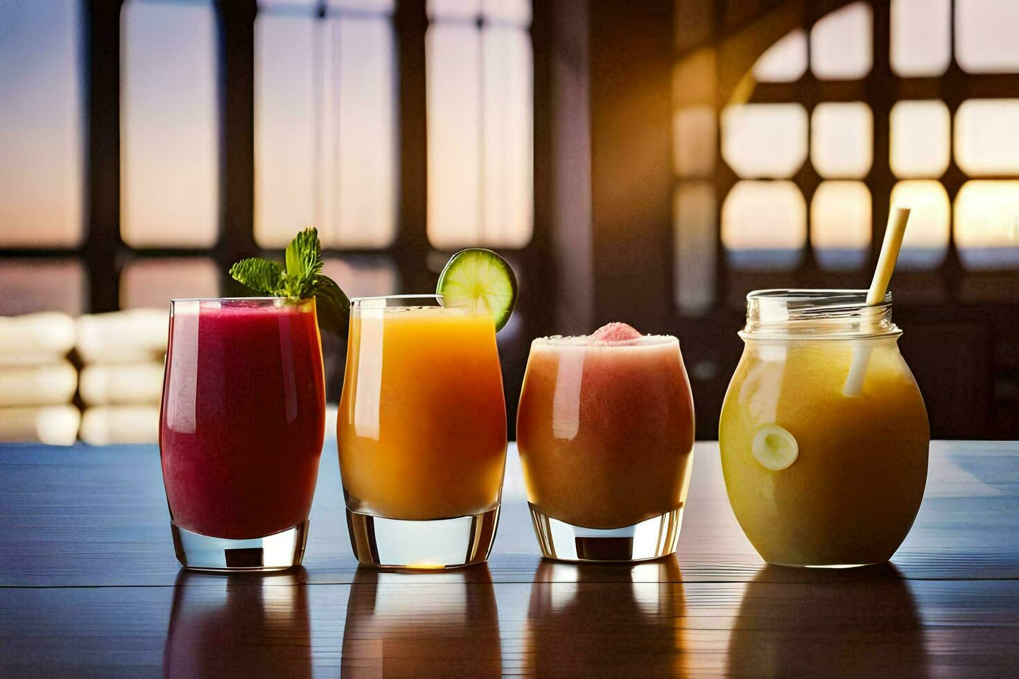 four different types of juices are lined up on a table. AI-Generated photo