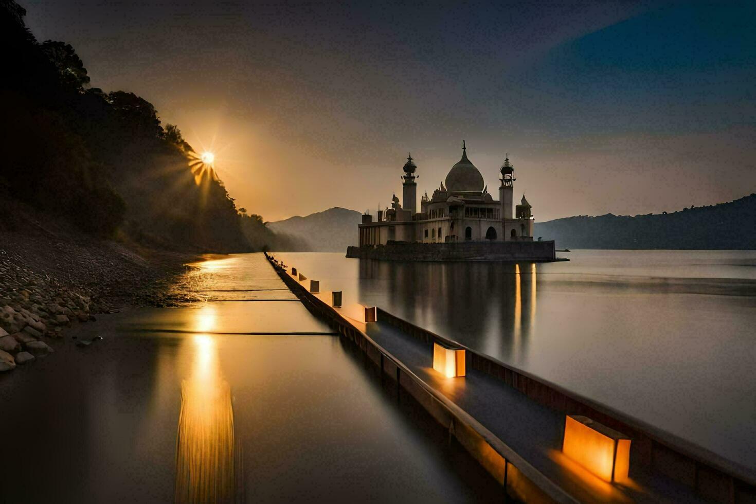 a mosque in the middle of a lake at sunset. AI-Generated photo