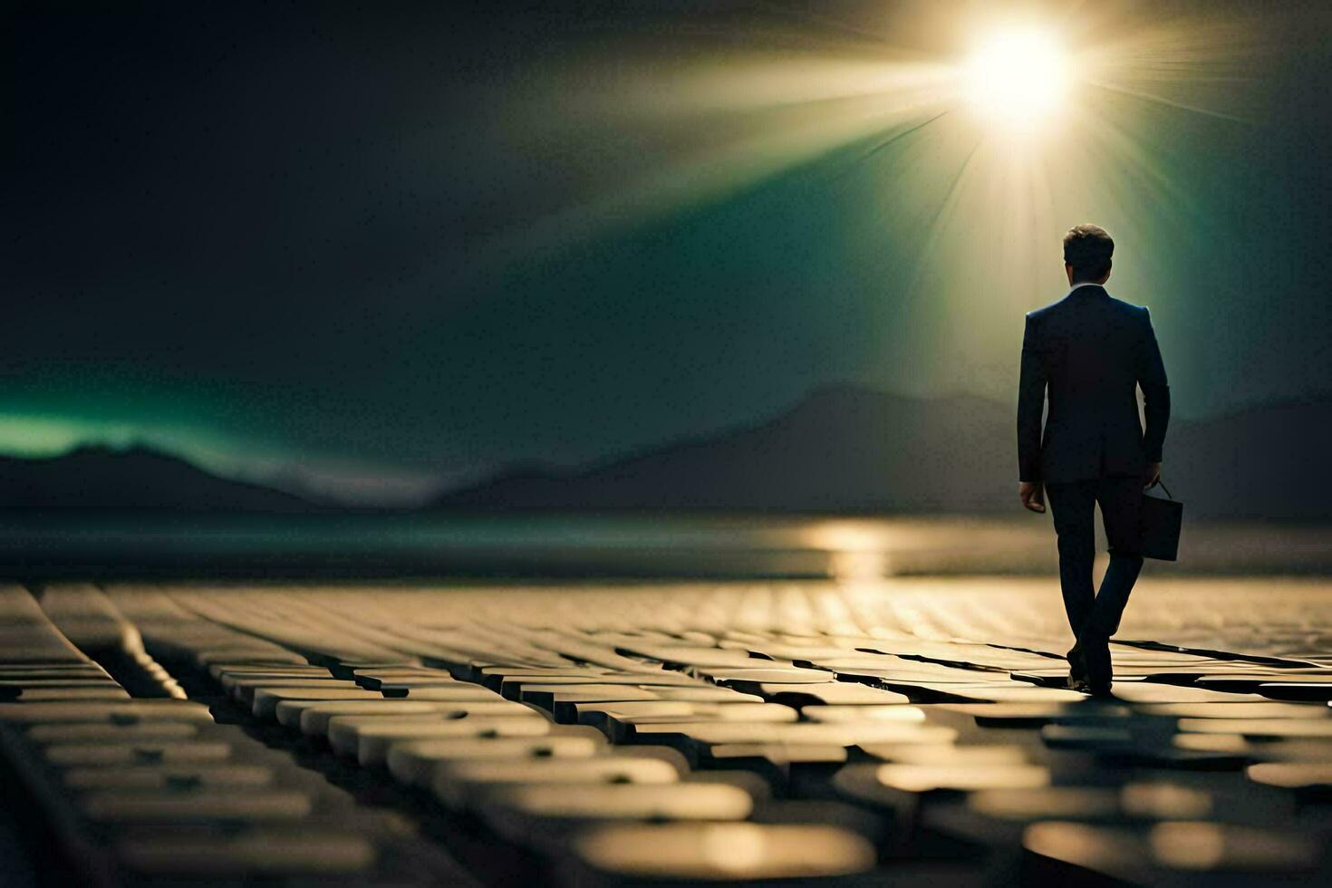 a man in a suit walks across a field of bricks. AI-Generated photo