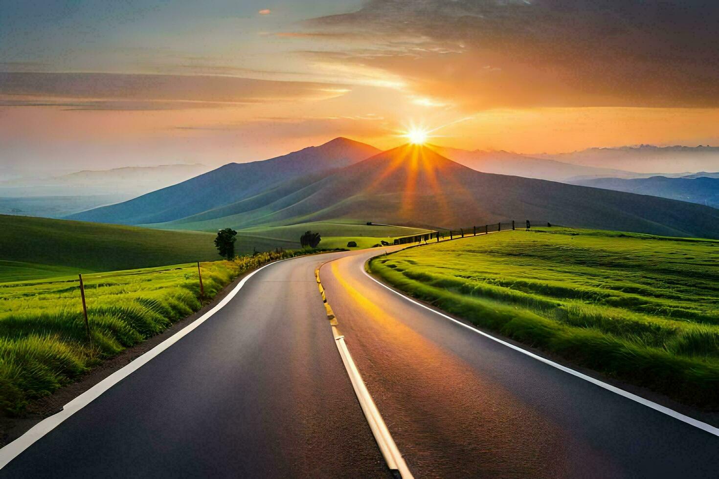 the sun rises over a road in the mountains. AI-Generated photo