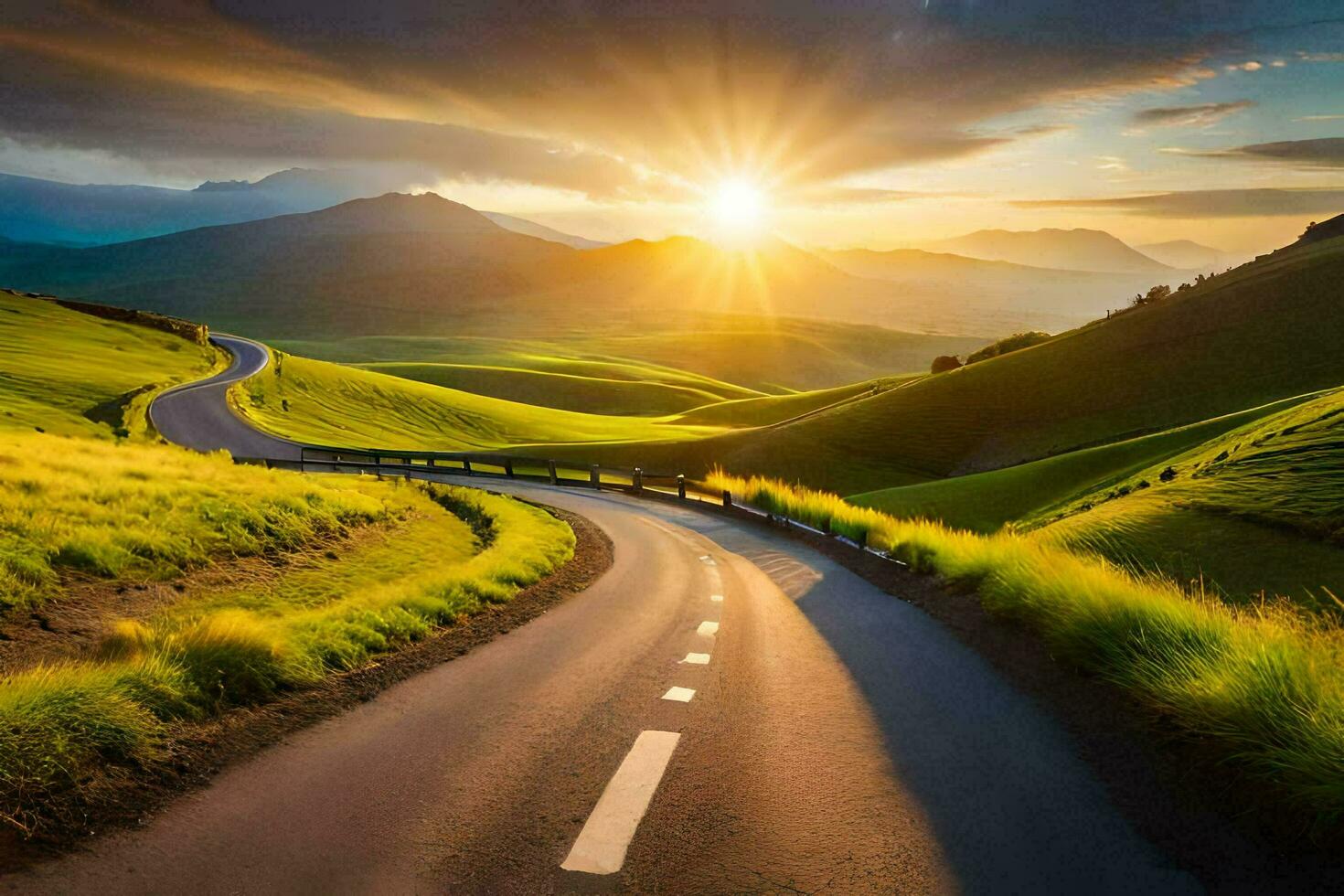 the sun is setting over a winding road in the mountains. AI-Generated photo