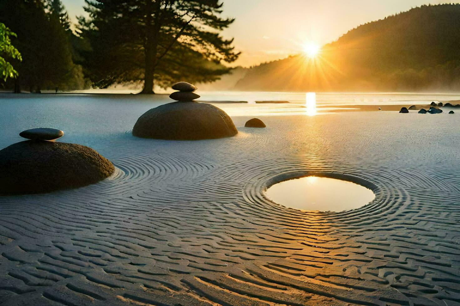 el Dom sube terminado un arena playa con rocas y piedras generado por ai foto