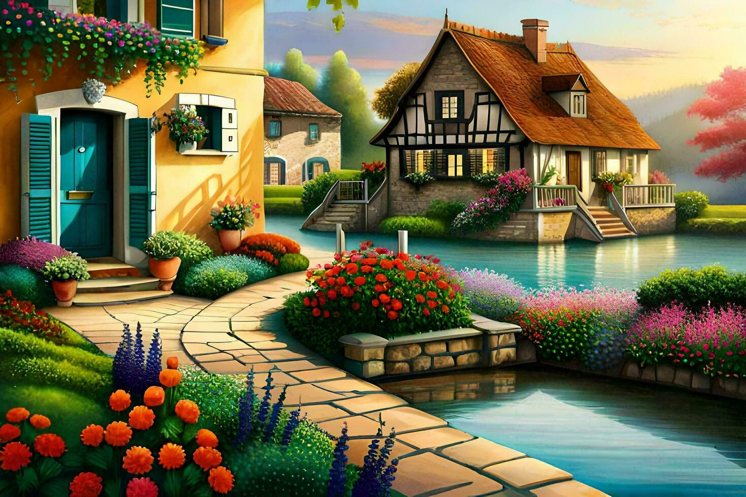 a painting of a house and garden by the river. AI-Generated photo