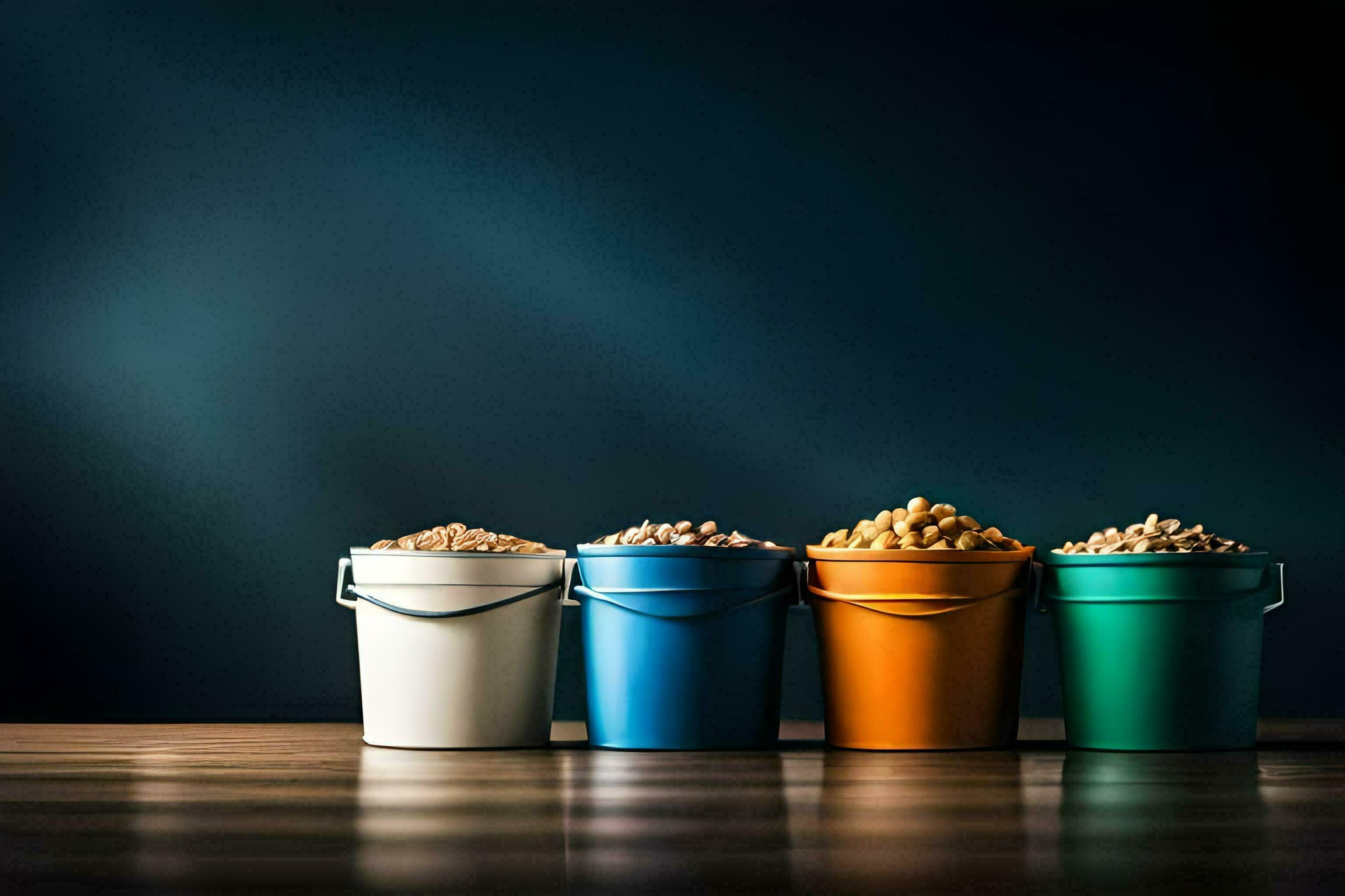 four buckets of different colored beans on a table. AIGenerated