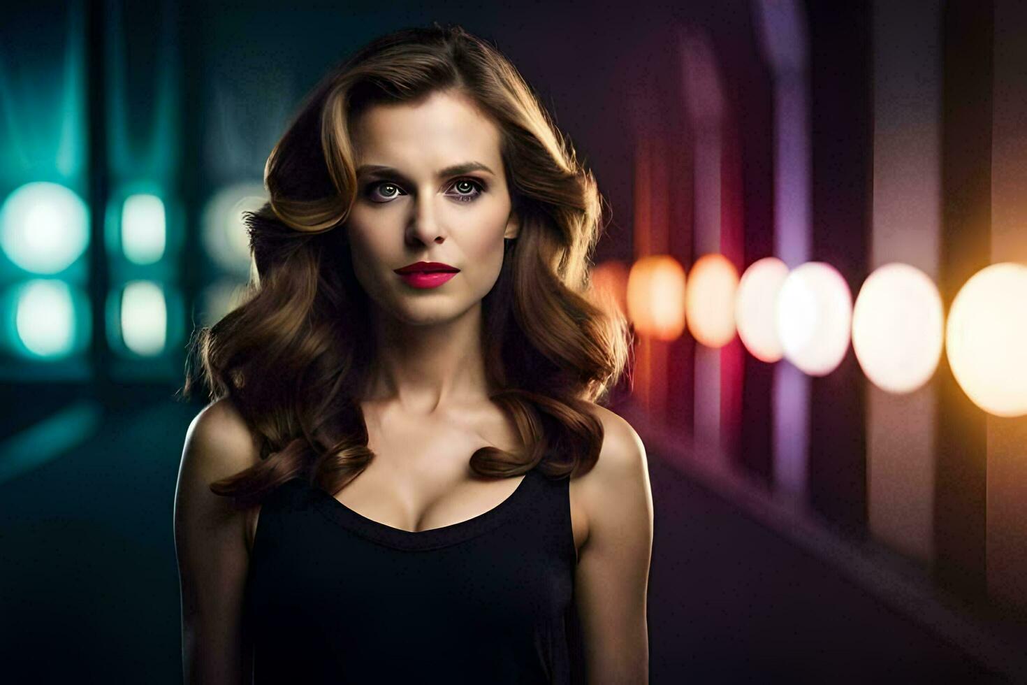 a woman with red lipstick and black dress standing in front of colorful lights. AI-Generated photo