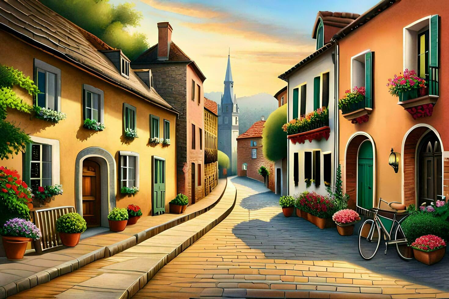 an illustration of a street in europe. AI-Generated photo