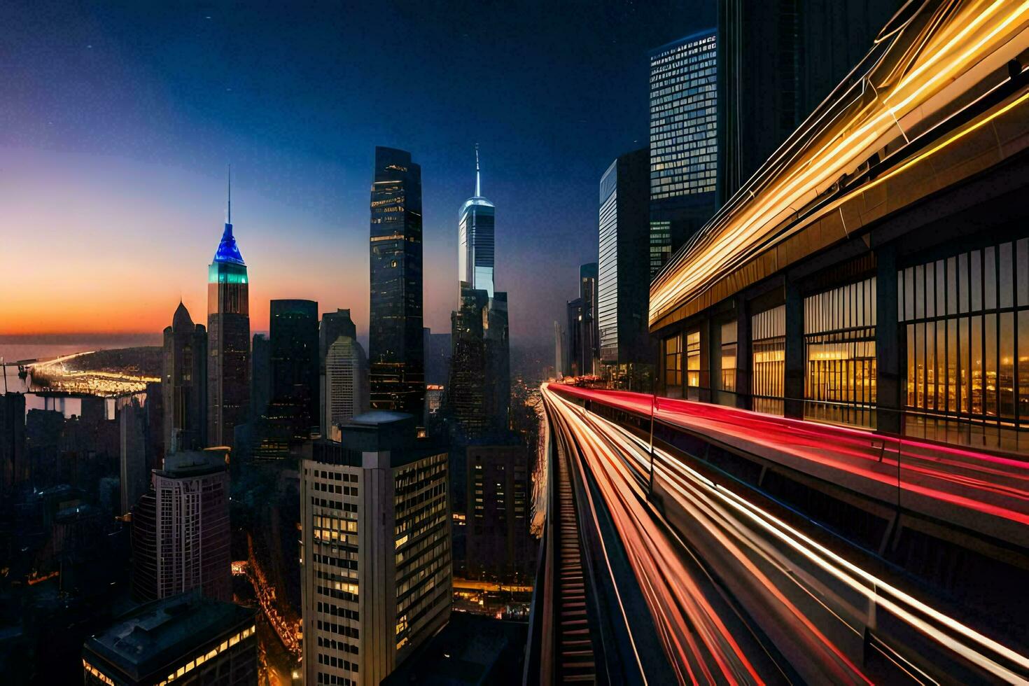 a city skyline at dusk with long exposure. AI-Generated photo