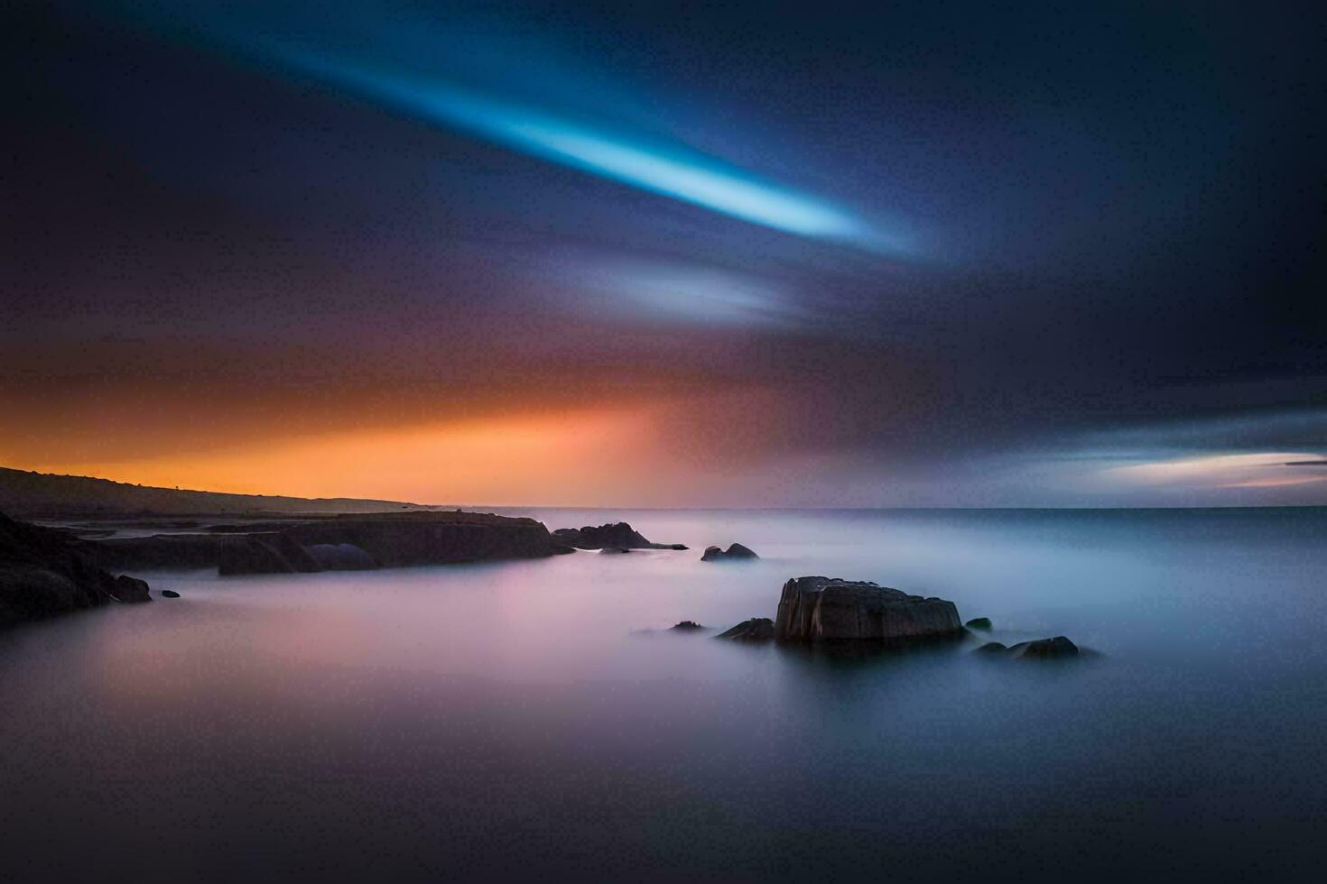 a long exposure photograph of the ocean and rocks. AI-Generated photo