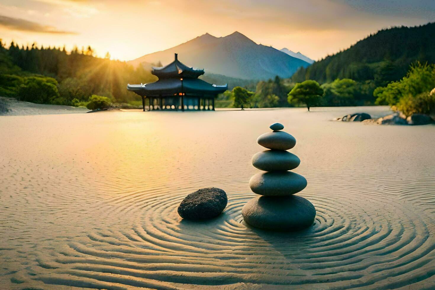 a zen garden in the mountains with rocks and water. AI-Generated photo