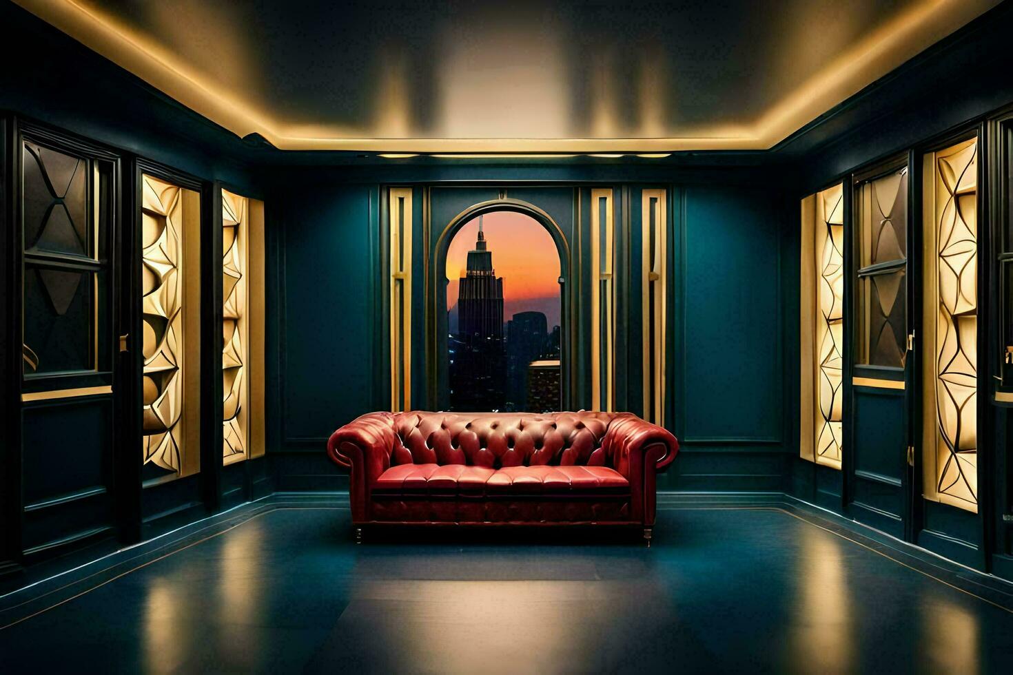 a red couch in a room with blue walls and gold trim. AI-Generated photo
