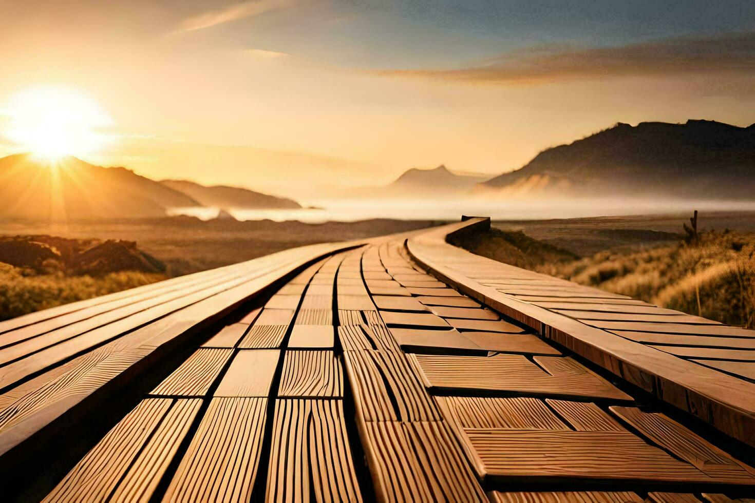 a wooden walkway leads to the sun. AI-Generated photo