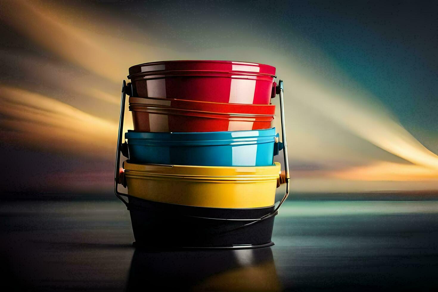 colorful buckets on a table. AI-Generated photo