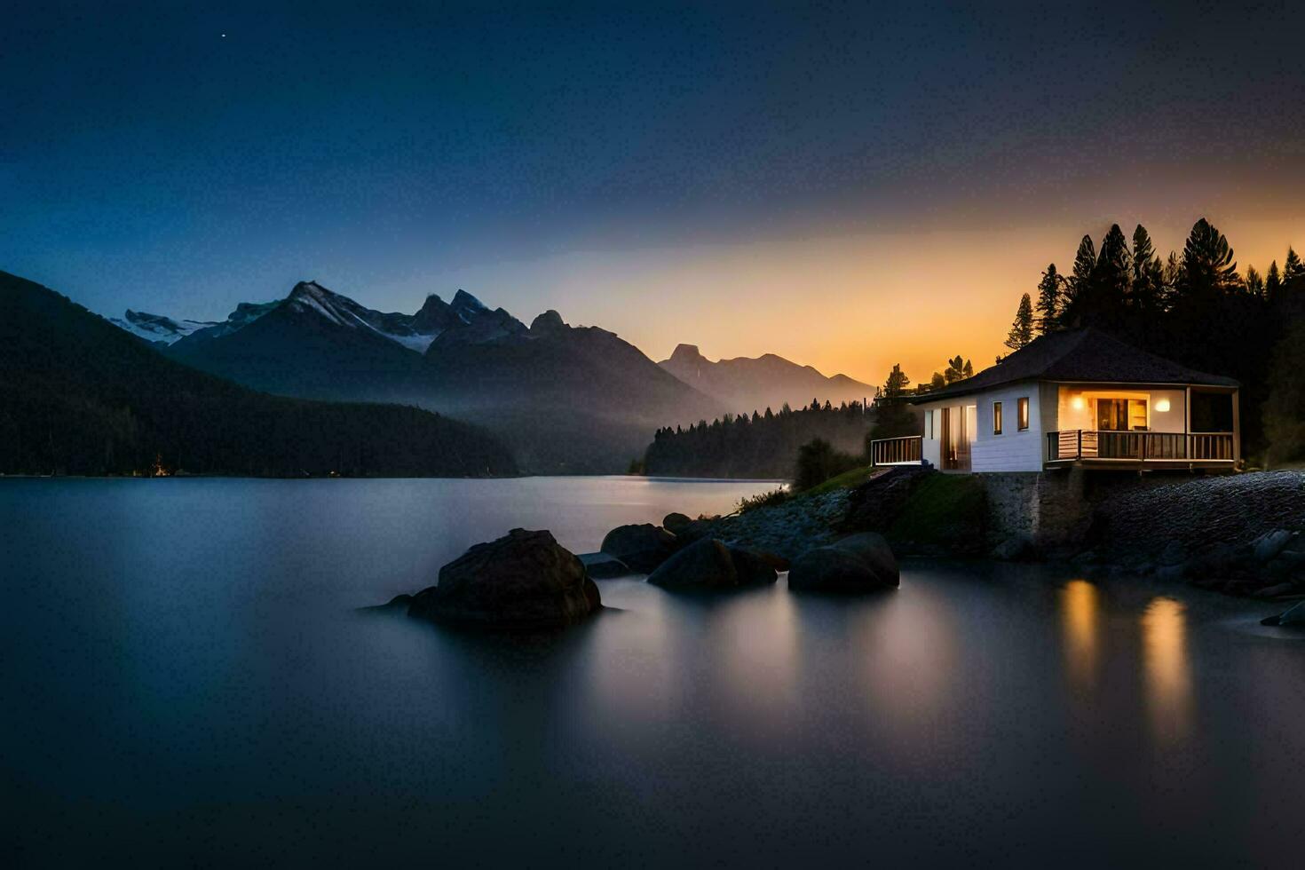 a cabin sits on the shore of a lake at sunset. AI-Generated photo