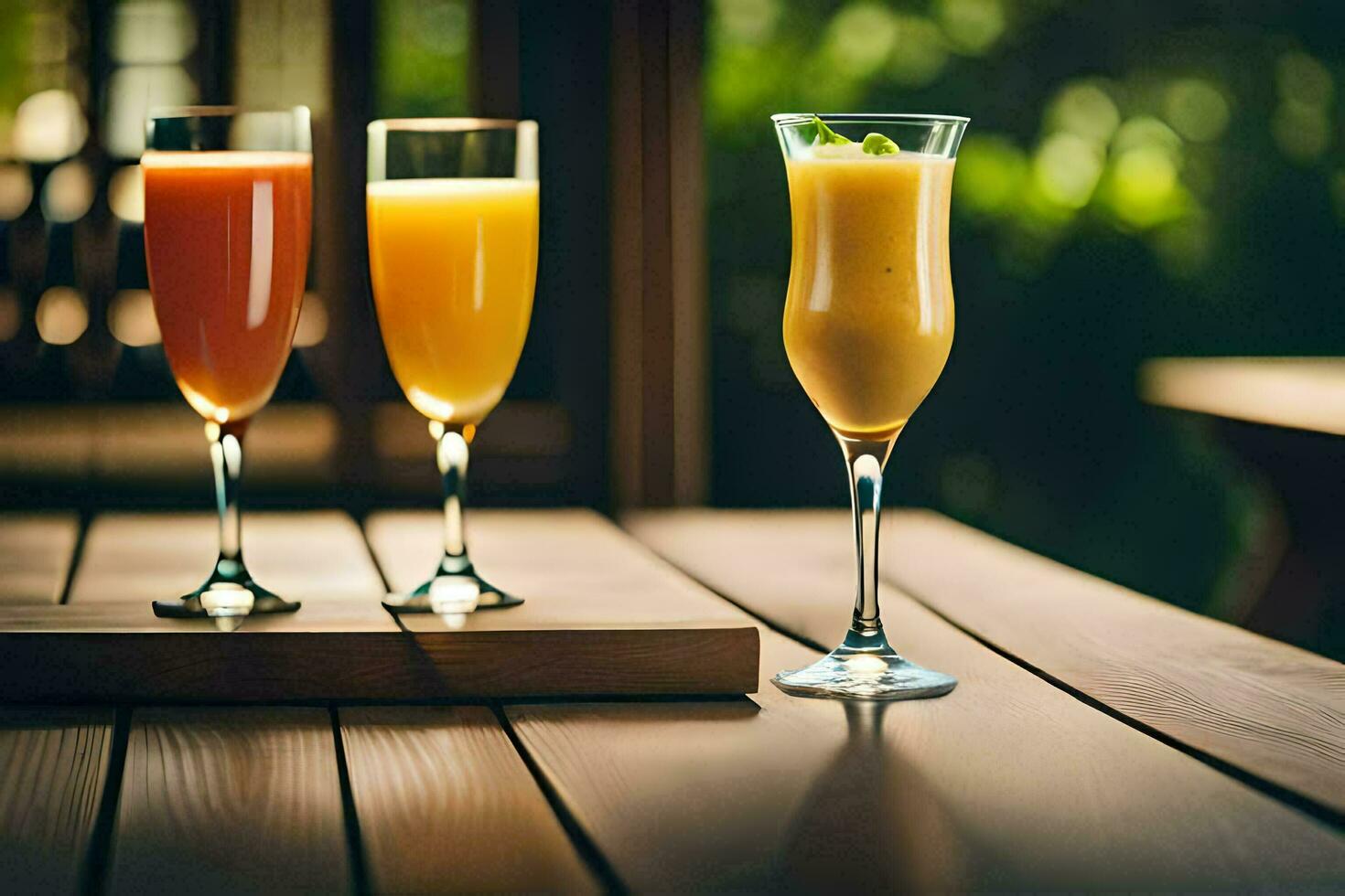 three glasses of orange juice on a wooden table. AI-Generated photo