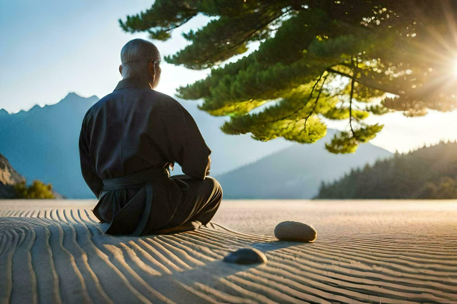 a man in a black robe sitting on the sand. AI-Generated photo