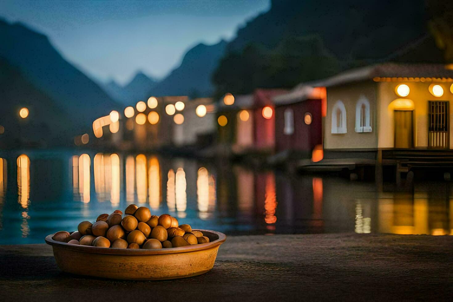 a bowl of eggs on the side of the road. AI-Generated photo