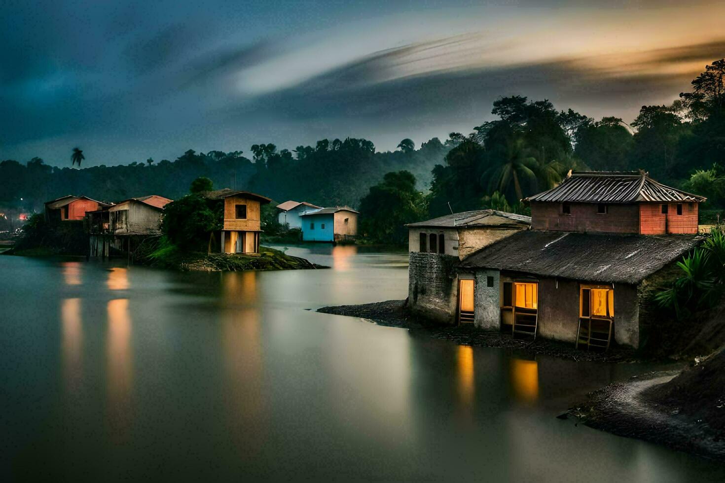 a river in the middle of a village at dusk. AI-Generated photo