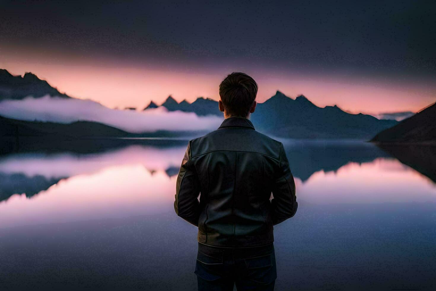 a man standing in front of a lake at sunset. AI-Generated photo