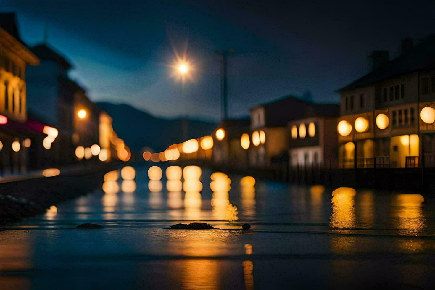 un calle a noche con luces en el edificios generado por ai foto