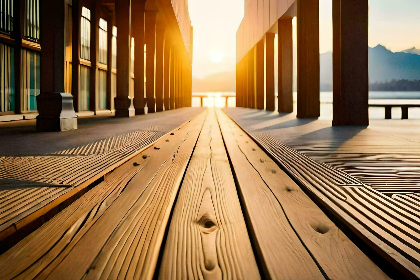 a wooden walkway leads to the sun. AI-Generated photo