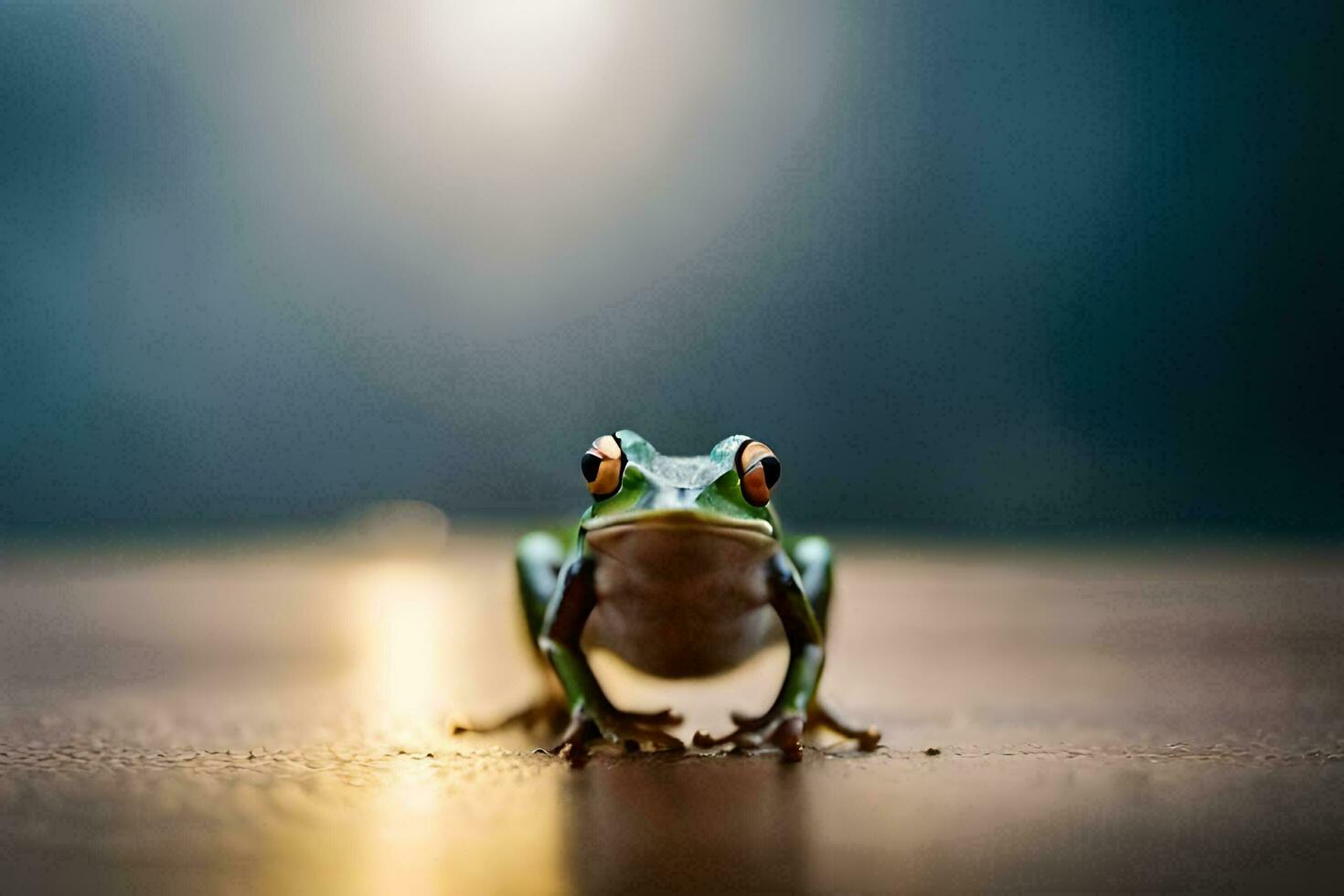 a frog sitting on a wooden floor. AI-Generated photo