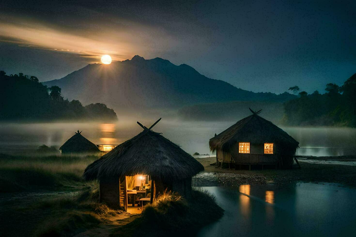 the moon rises over the water and huts in the foreground. AI-Generated photo