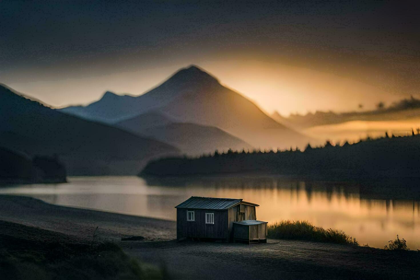 a small shack sits on the shore of a lake at sunset. AI-Generated photo