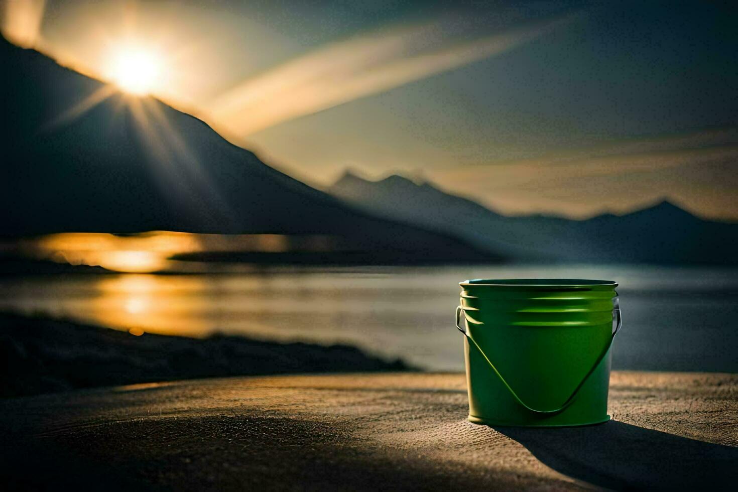 a green bucket sits on the ground near a lake. AI-Generated photo