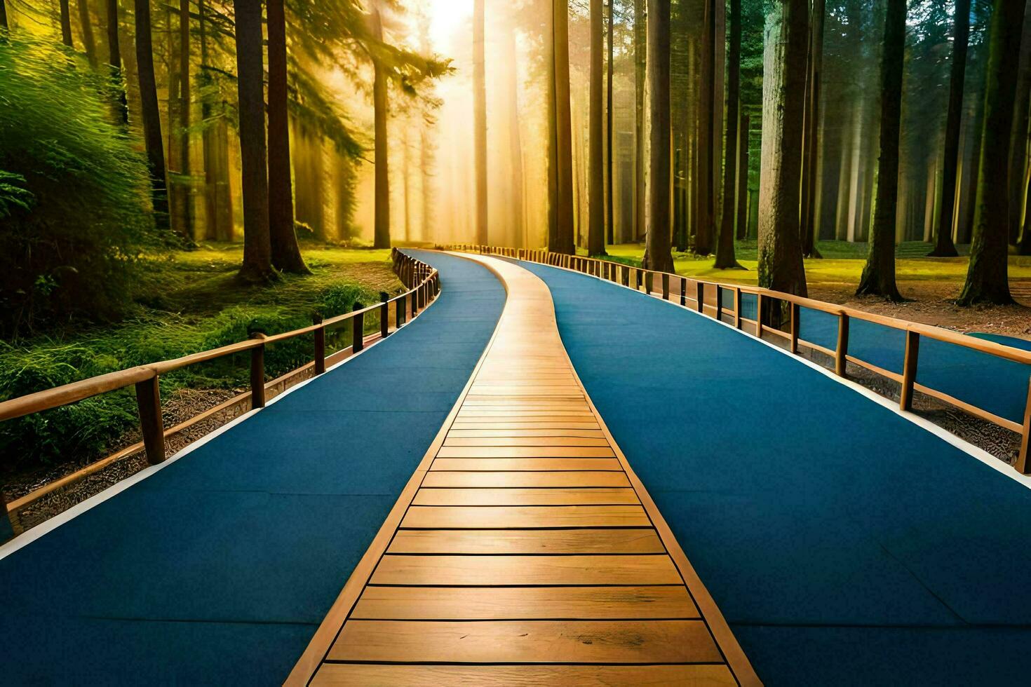 a wooden pathway in the middle of a forest. AI-Generated photo