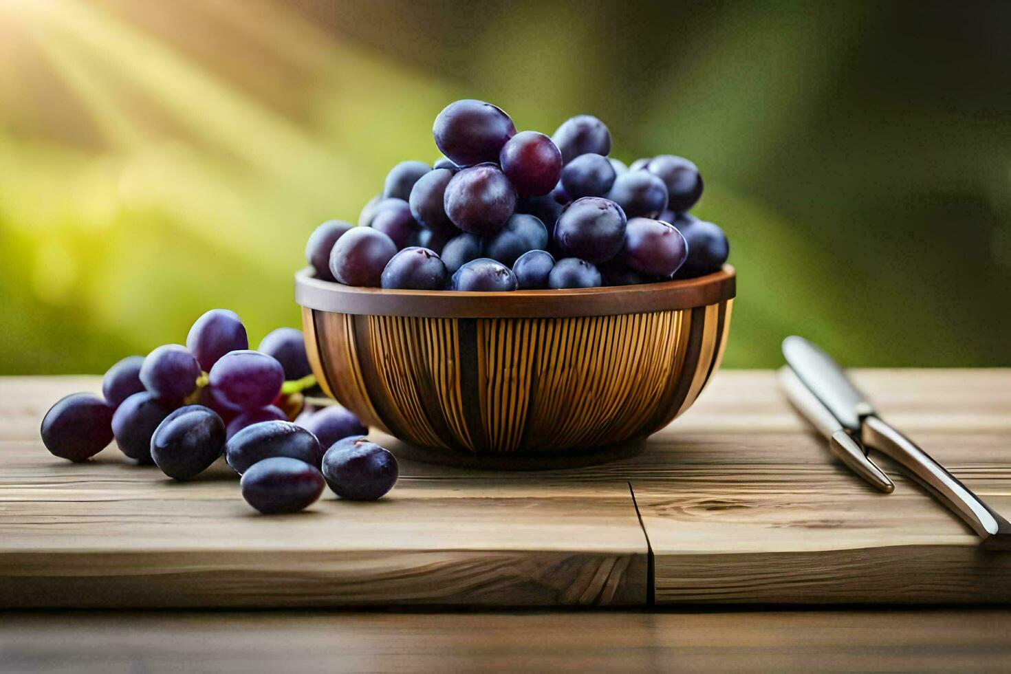 grapes in a bowl on a wooden table. AI-Generated photo