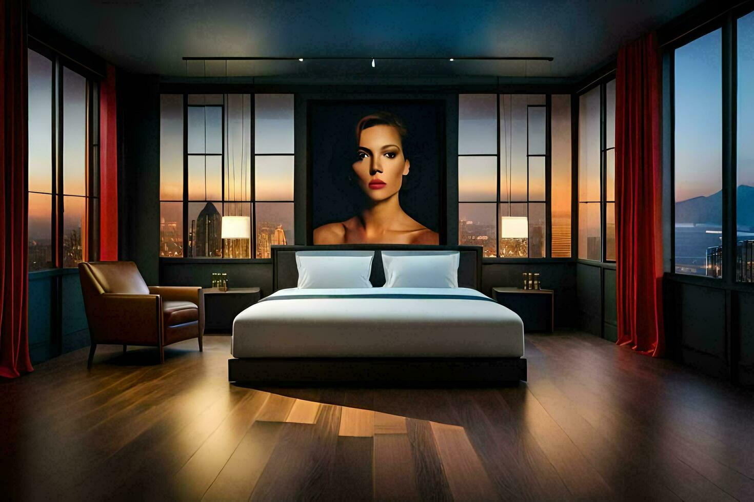 a bedroom with a large painting on the wall. AI-Generated photo