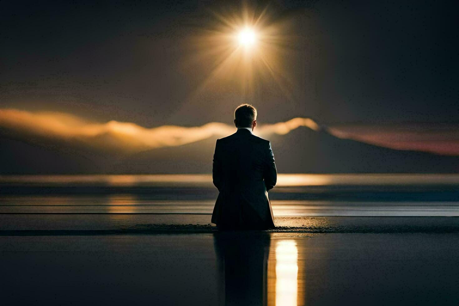 a man in a suit is sitting on the beach at night. AI-Generated photo