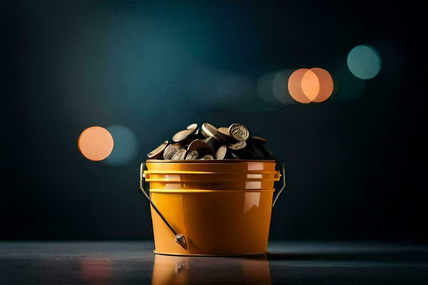 a bucket of coins on a table with bokeh lights. AI-Generated photo