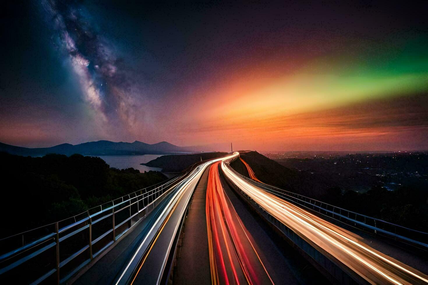 a long exposure photograph of a highway with the milky way in the background. AI-Generated photo