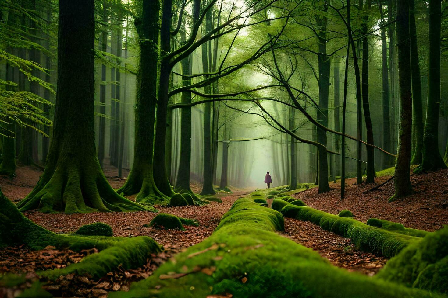 a person walking through a forest with mossy trees. AI-Generated photo