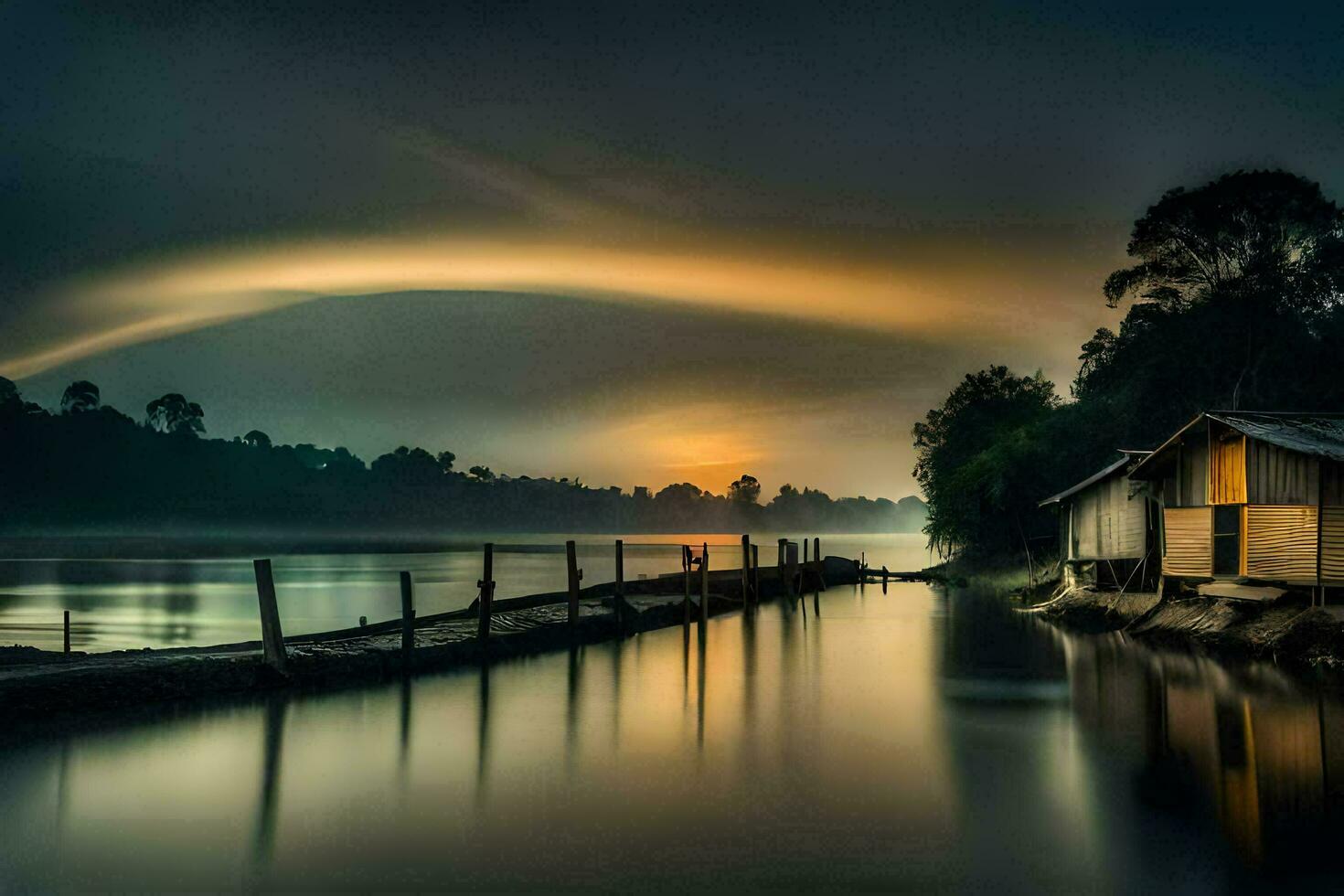 a boat dock and a house on the water at sunset. AI-Generated photo