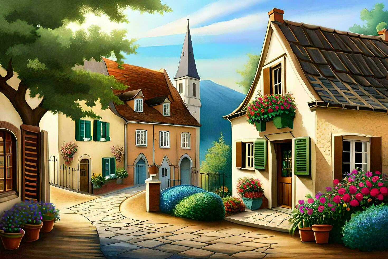 a painting of a small town with flowers and trees. AI-Generated photo