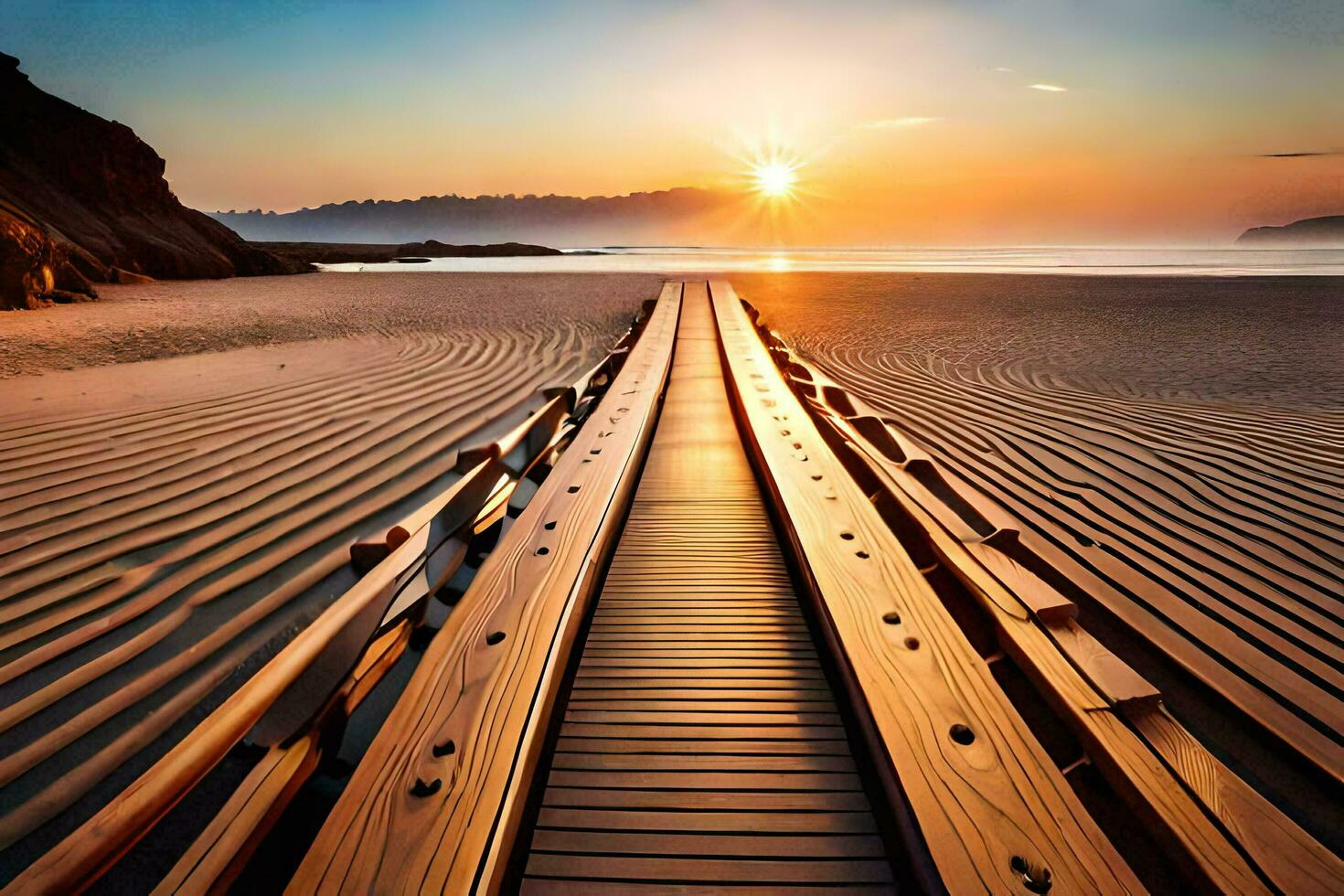 a wooden walkway leads to the beach at sunset. AI-Generated photo