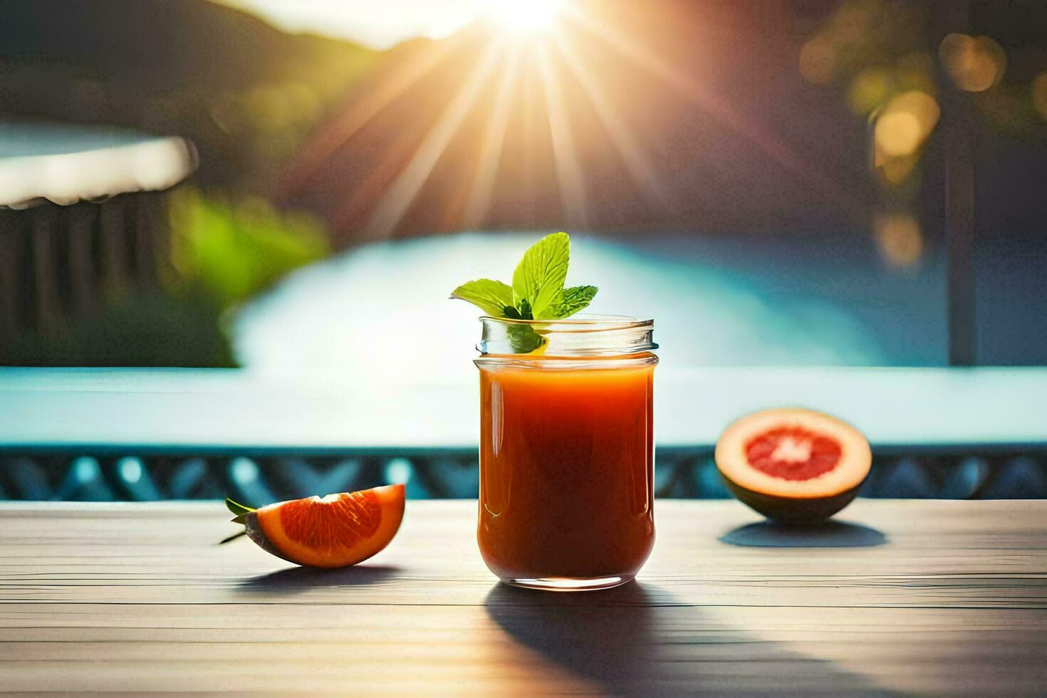 a glass of orange juice with a slice of grapefruit on the table. AI-Generated photo