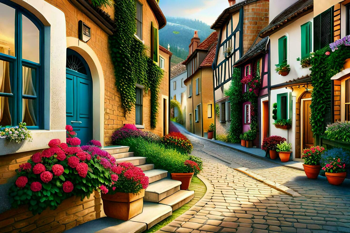 wall art - photograph - colorful street in europe by james kennedy. AI-Generated photo