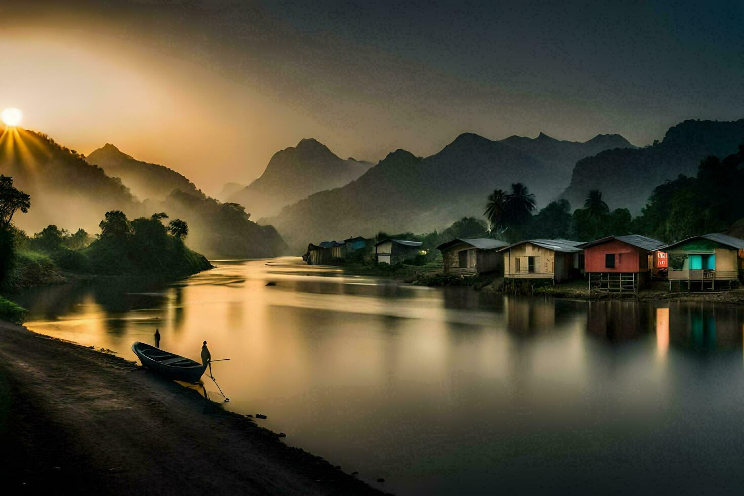 a boat is tied to a dock in front of a river. AI-Generated photo