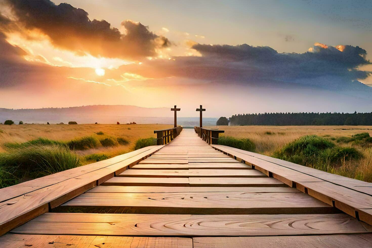 a wooden bridge leads to a cross in the middle of a field. AI-Generated photo