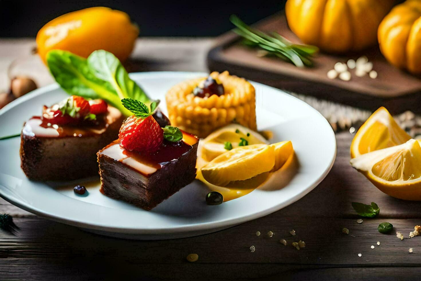 a plate with dessert and fruit on it. AI-Generated photo