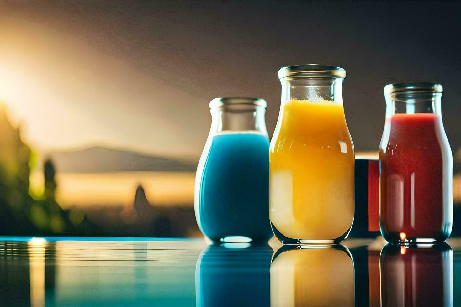 three bottles of juice sitting on a table. AI-Generated photo