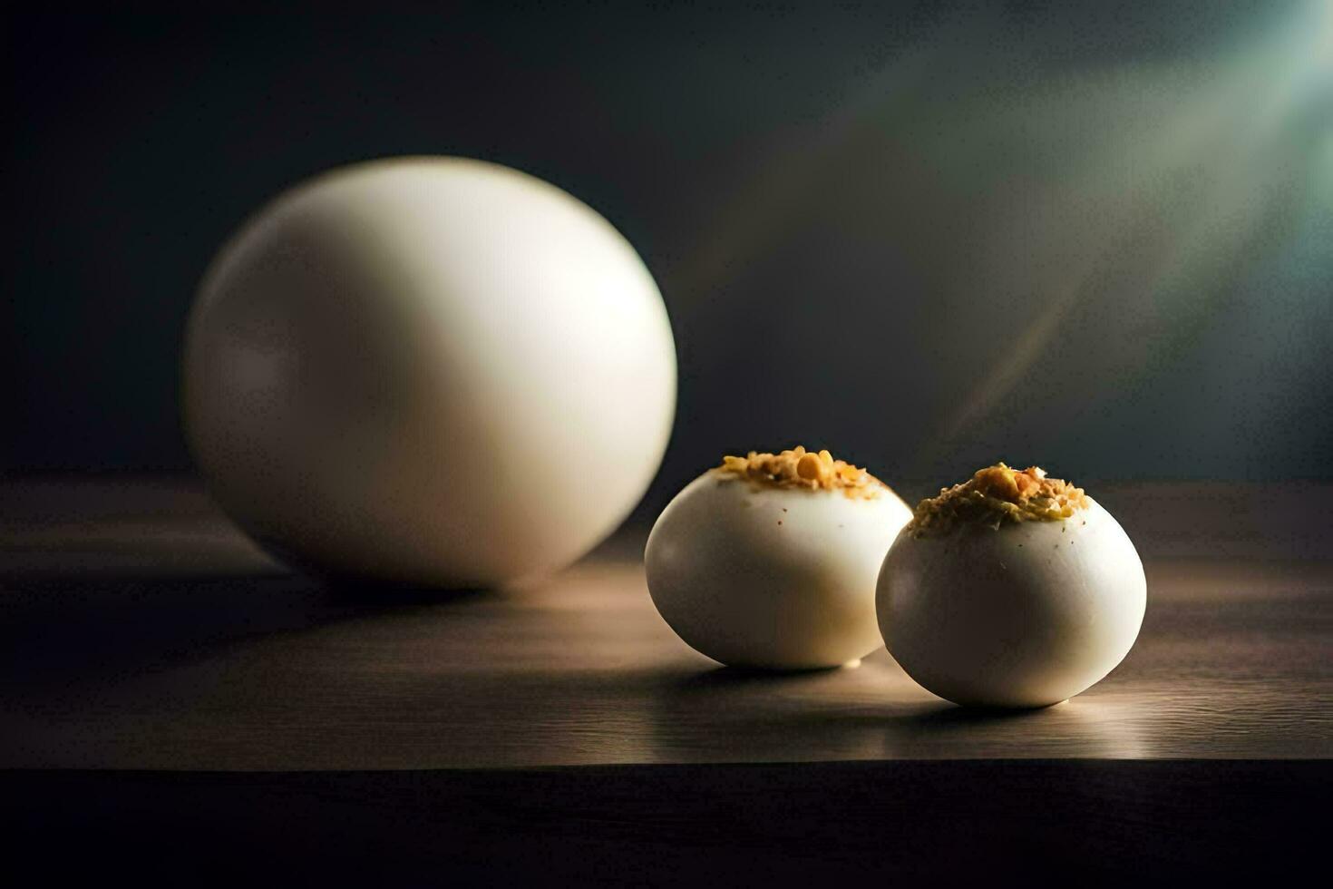 two eggs sit on top of a table. AI-Generated photo