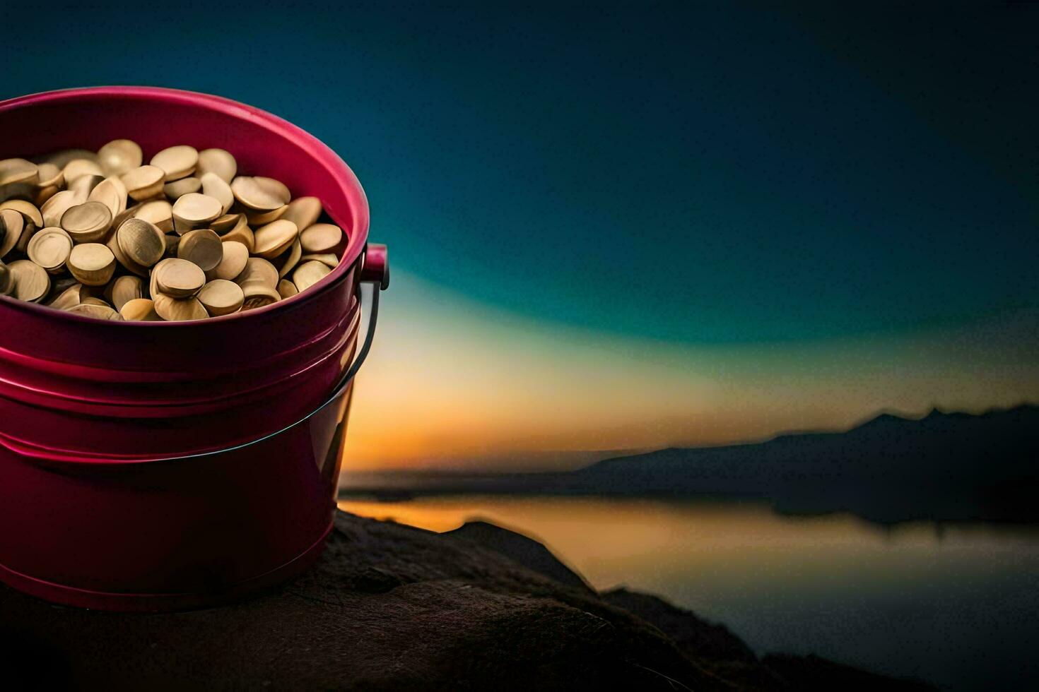 un Cubeta lleno con pastillas en un roca. generado por ai foto