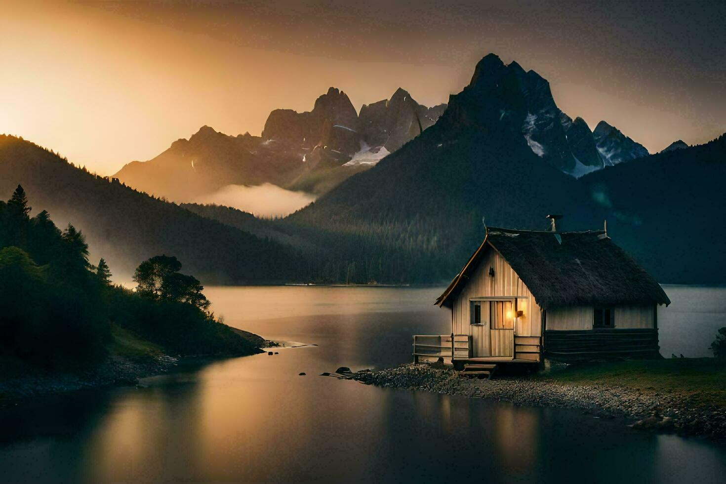 a cabin sits on the shore of a lake at sunset. AI-Generated photo