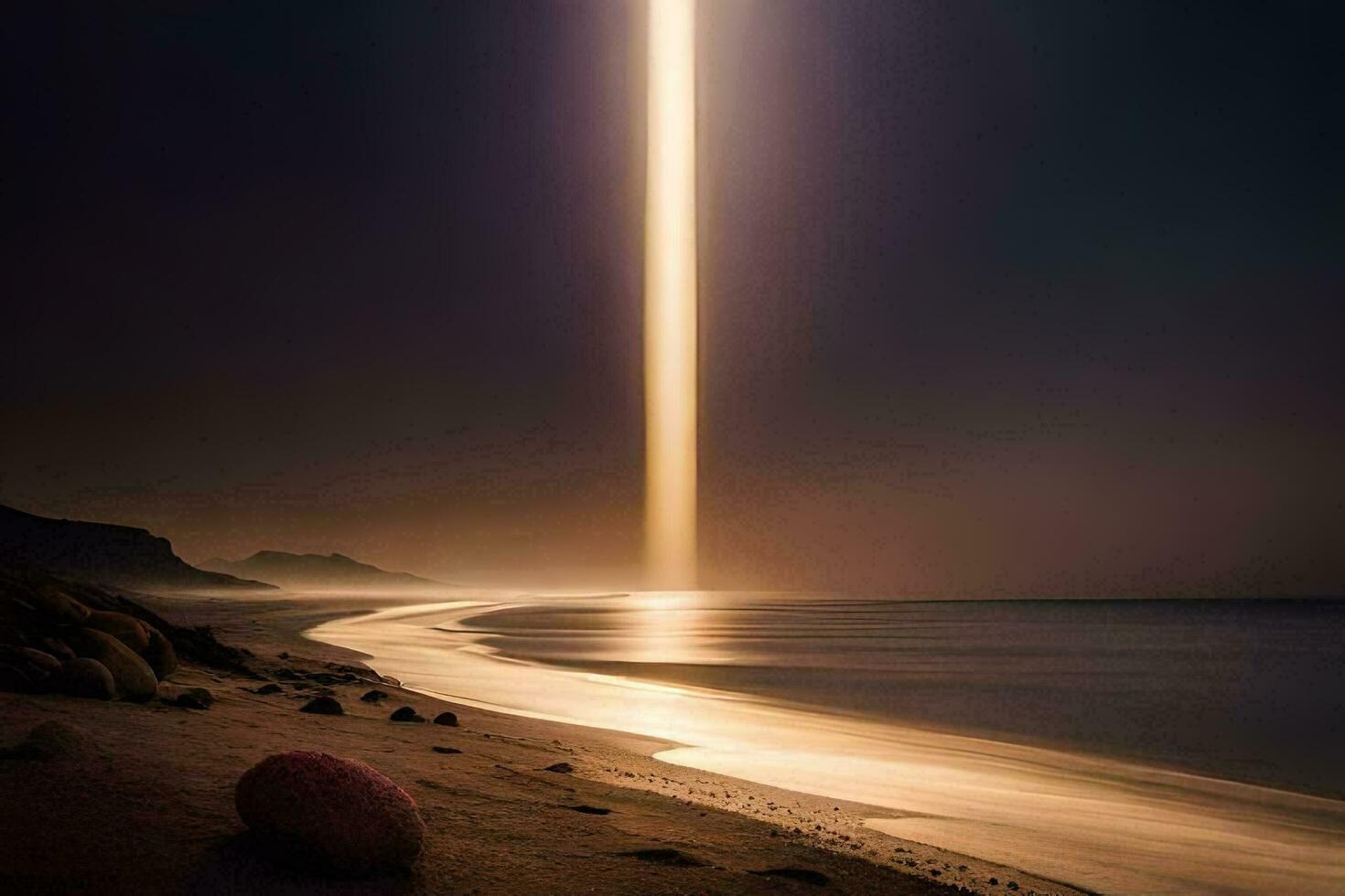 a long beam of light shines over the ocean. AI-Generated photo